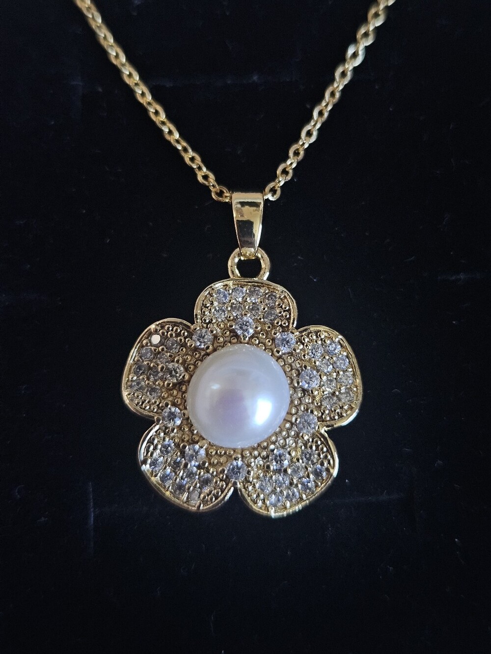 Gold Plated Freshwater Pearl & Pavé Flower Pendant Necklace